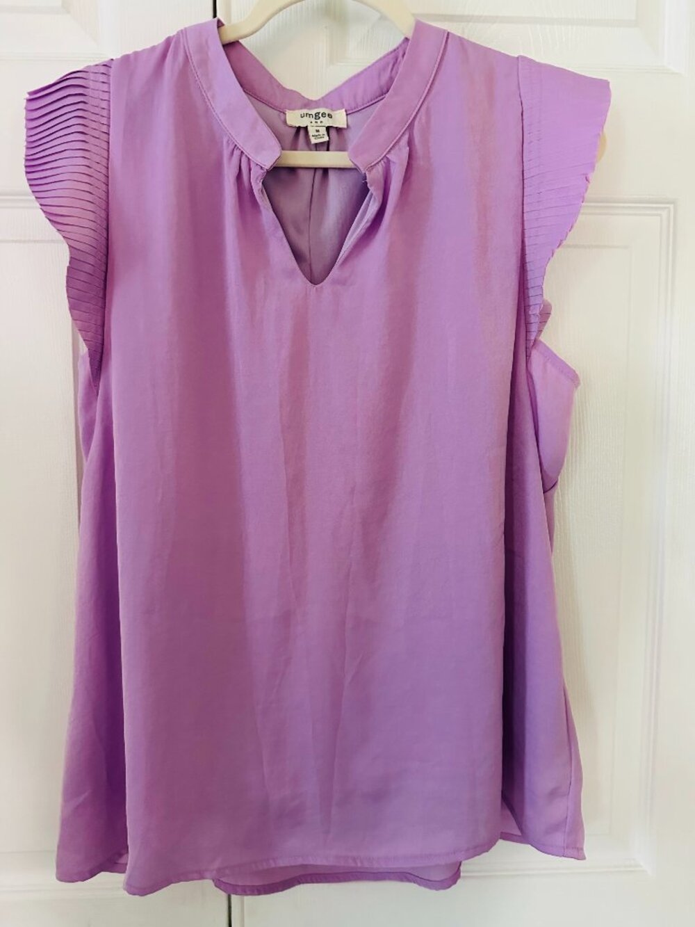 Umgee Lavender Purple Accordion Pleated Ruffle Sleeve Notch Neck Blouse M